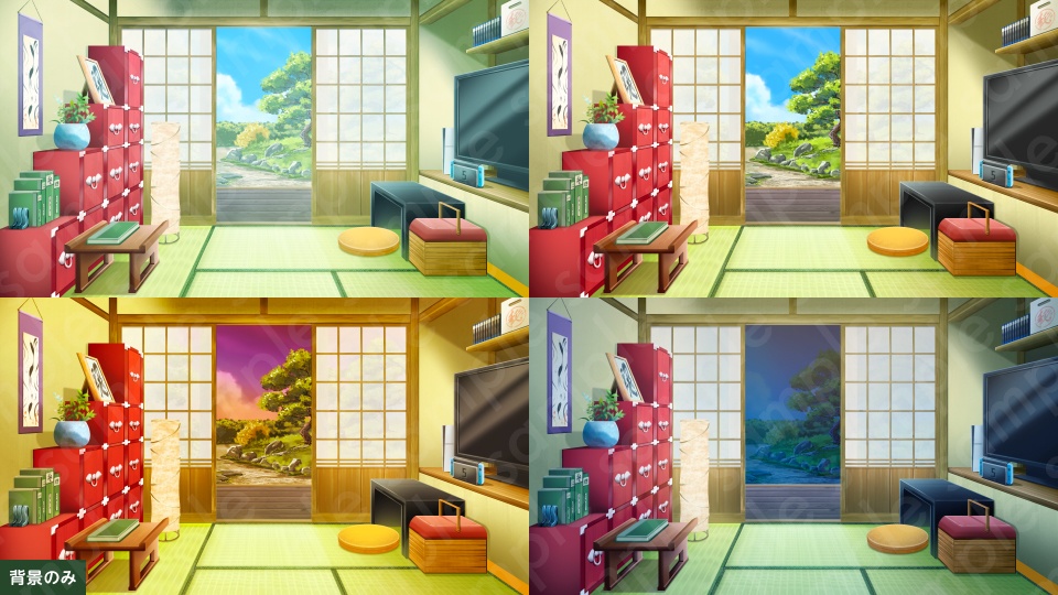 【背景素材】Vtuber配信部屋などに使える和室部屋のイラスト・コメント置き場付き・PSD付き・差分4種+α【朝・昼・夕・夜】