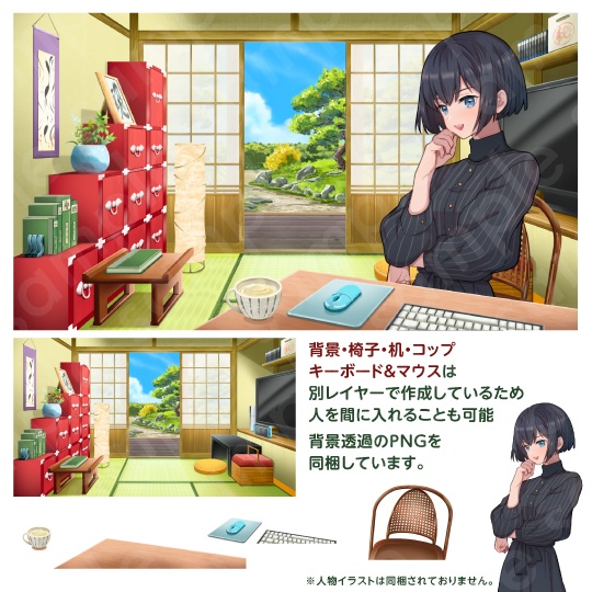 【背景素材】Vtuber配信部屋などに使える和室部屋のイラスト・コメント置き場付き・PSD付き・差分4種+α【朝・昼・夕・夜】