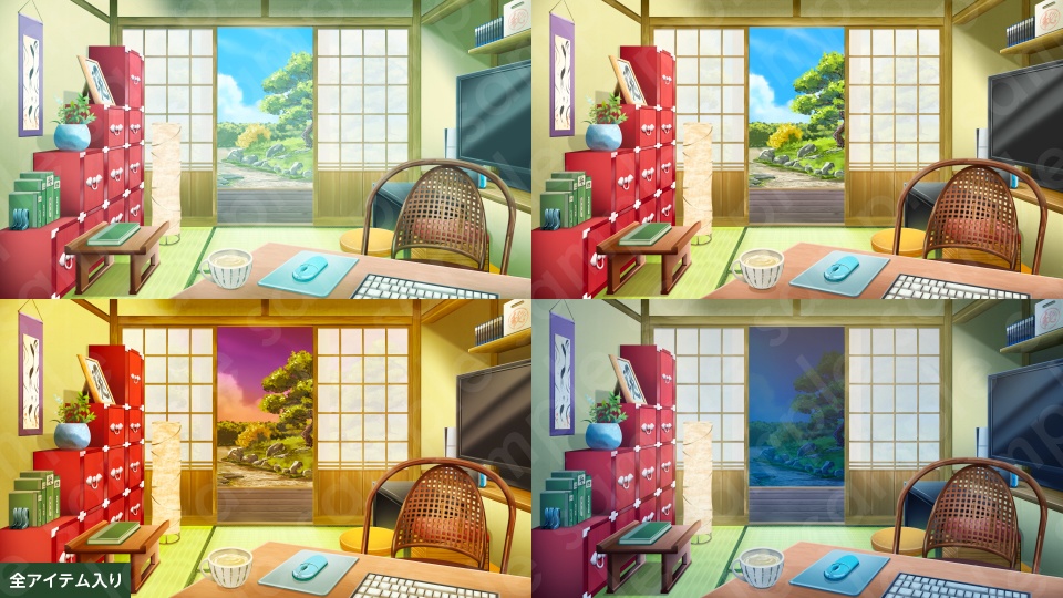 【背景素材】Vtuber配信部屋などに使える和室部屋のイラスト・コメント置き場付き・PSD付き・差分4種+α【朝・昼・夕・夜】