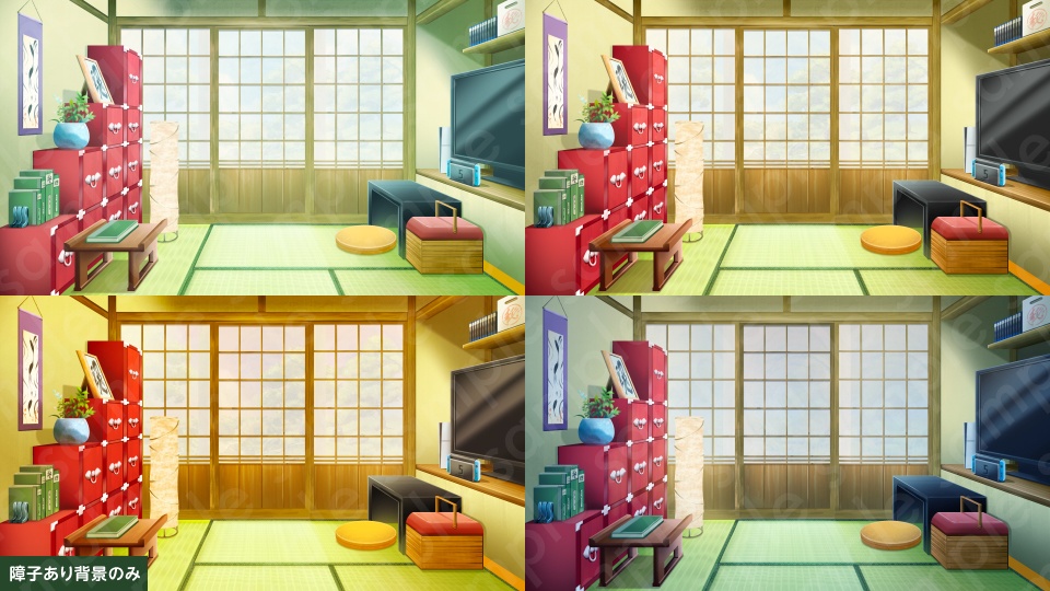 【背景素材】Vtuber配信部屋などに使える和室部屋のイラスト・コメント置き場付き・PSD付き・差分4種+α【朝・昼・夕・夜】