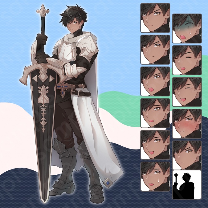 【立ち絵素材】大剣を持った白い鎧の騎士風男性のイラスト・ファンタジー系・勇者・英雄・冒険者・全身表情11種+α
