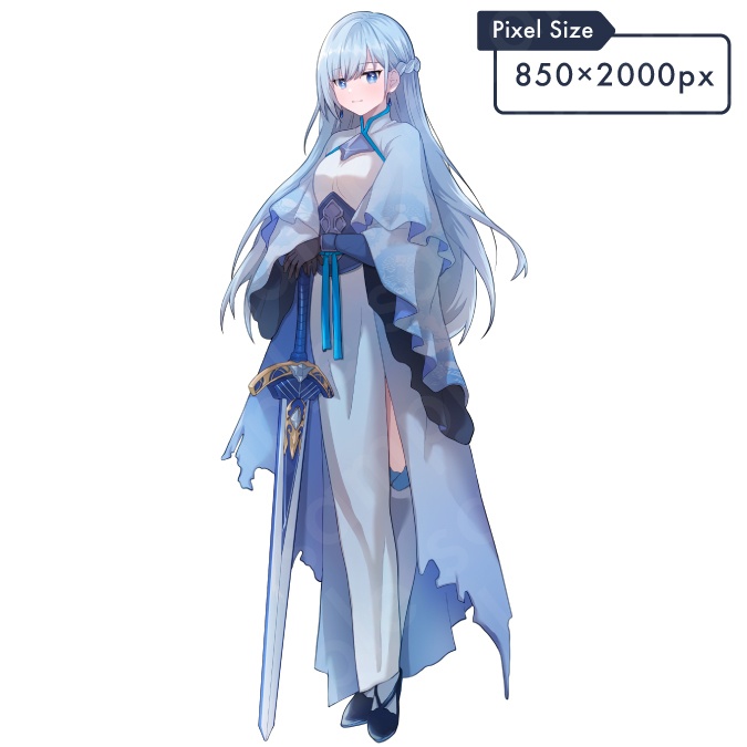 【立ち絵素材】清らかな佇まいの剣士風水色髪ロングヘア女性のイラスト・ファンタジー系・冒険者・全身表情11種+α