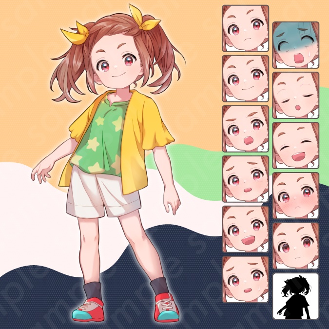 【立ち絵素材】元気で明るい雰囲気の茶髪ツインテール少女のイラスト・現代・女の子・小学生・全身表情11種+α