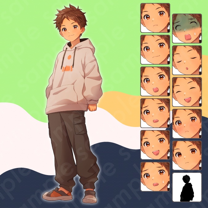 【立ち絵素材】パーカーを着た主人公風な雰囲気の茶髪少年のイラスト・現代・男の子・小学生・全身表情11種+α