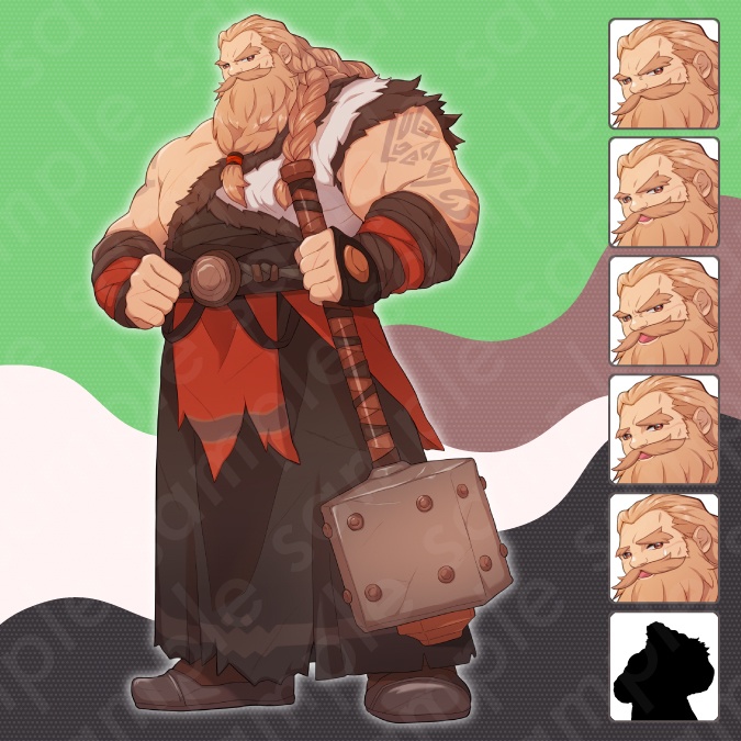 【立ち絵素材】ハンマーを持ったガタイの良い戦士風男性のイラスト・ファンタジー系・ドワーフ・ウォーリア・冒険者・全身表情5種+α