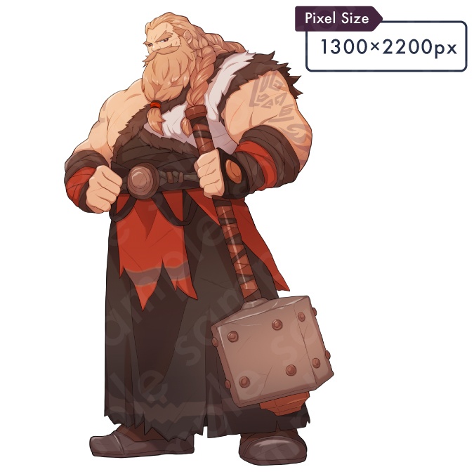 【立ち絵素材】ハンマーを持ったガタイの良い戦士風男性のイラスト・ファンタジー系・ドワーフ・ウォーリア・冒険者・全身表情5種+α