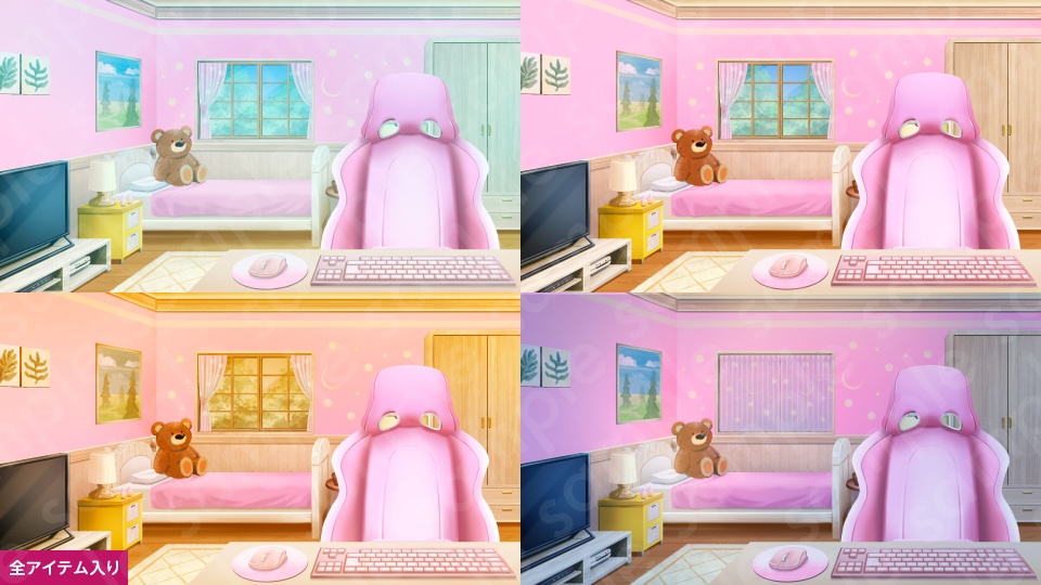 【背景素材】Vtuber配信部屋などに使えるピンク系1人部屋のイラスト・PSD付き・女子部屋・子ども部屋・差分4種【朝・昼・夕・夜】
