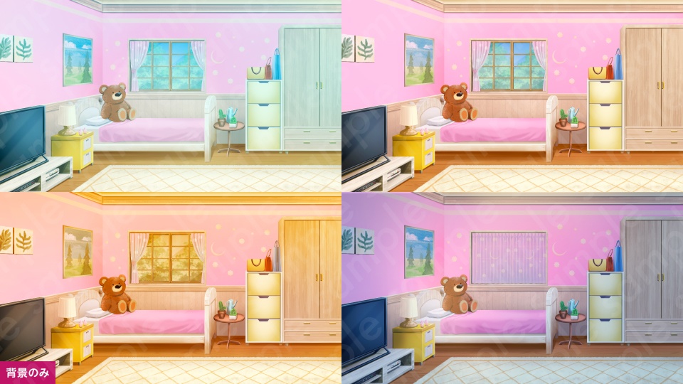 【背景素材】Vtuber配信部屋などに使えるピンク系1人部屋のイラスト・PSD付き・女子部屋・子ども部屋・差分4種【朝・昼・夕・夜】