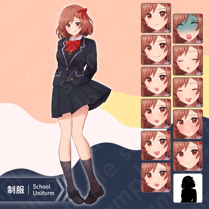 【立ち絵素材】活発で愛らしい雰囲気のリボンを付けた茶色ボブヘアの女子高校生のイラスト・現代・制服・私服・全身表情11種+α
