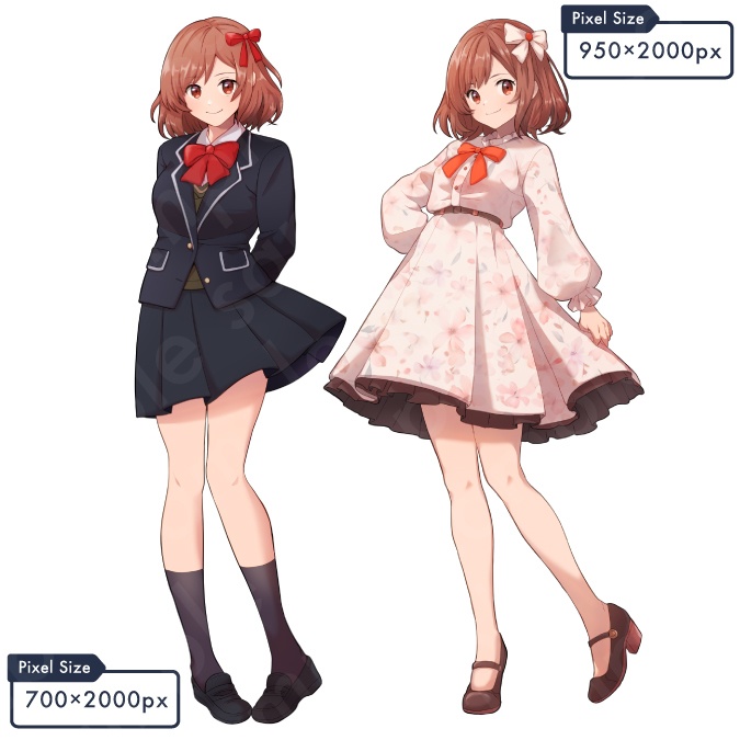 【立ち絵素材】活発で愛らしい雰囲気のリボンを付けた茶色ボブヘアの女子高校生のイラスト・現代・制服・私服・全身表情11種+α