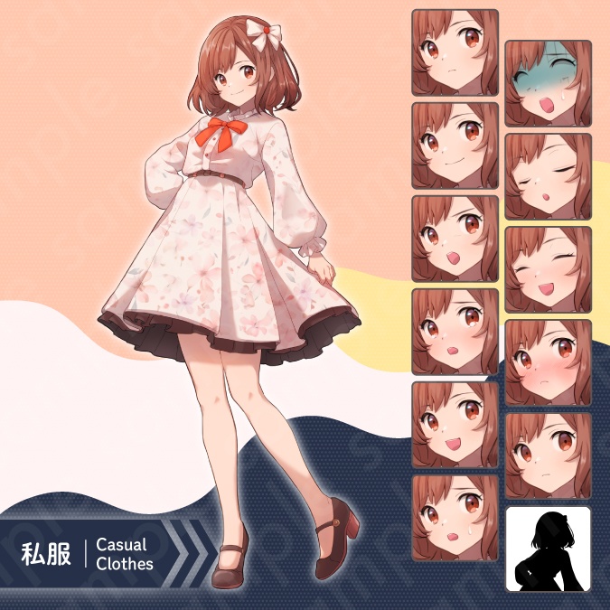 【立ち絵素材】活発で愛らしい雰囲気のリボンを付けた茶色ボブヘアの女子高校生のイラスト・現代・制服・私服・全身表情11種+α