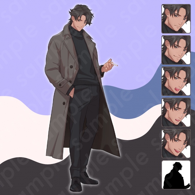 【立ち絵素材】コートを着てタバコを持っている怪しげな黒髪男性のキャラクターイラスト・現代・無精髭・社会人・探偵・警察・全身表情5種+α