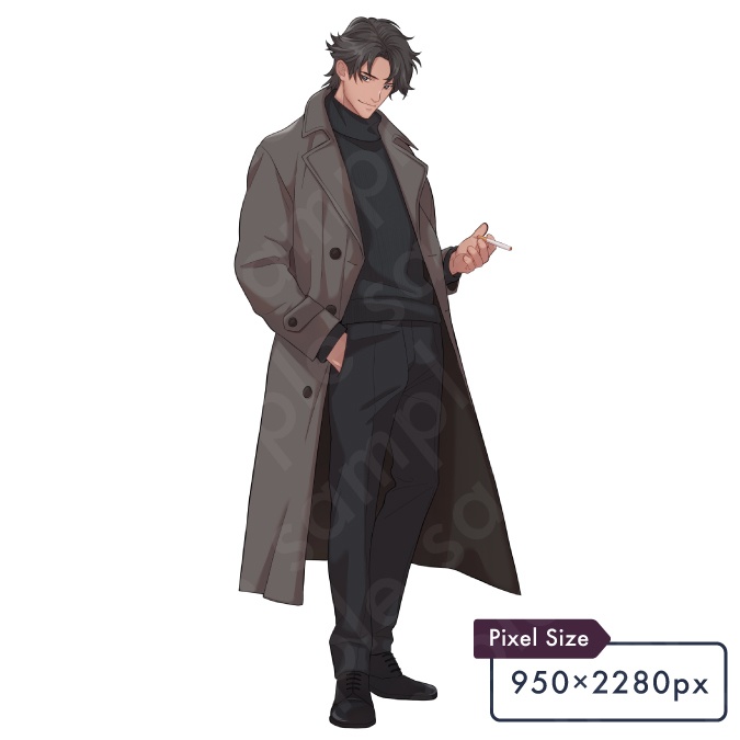 【立ち絵素材】コートを着てタバコを持っている怪しげな黒髪男性のキャラクターイラスト・現代・無精髭・社会人・探偵・警察・全身表情5種+α