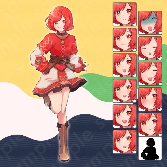 【立ち絵素材】明るい雰囲気の赤髪ボブヘア女性のイラスト・ファンタジー系・冒険者・町娘・村人・全身表情11種+α