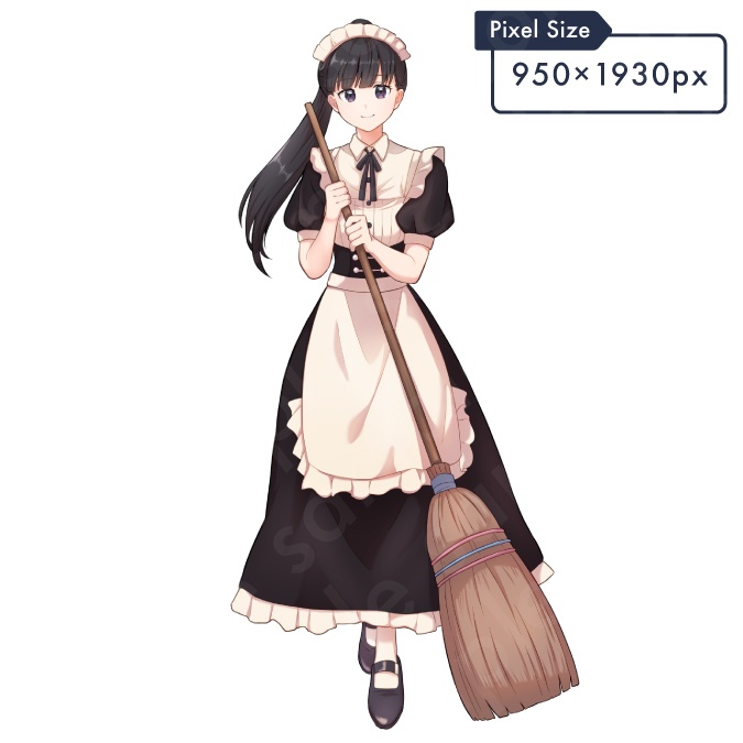 【立ち絵素材】大人しく真面目な雰囲気のメイド服を着た黒髪ポニーテール女性のイラスト・ファンタジー系・全身表情11種+α