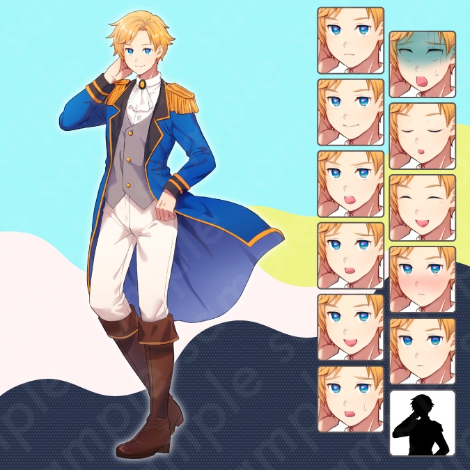 【立ち絵素材】ツンデレ王子な雰囲気の金髪碧眼男性のイラスト・ファンタジー系・貴族・全身表情11種+α