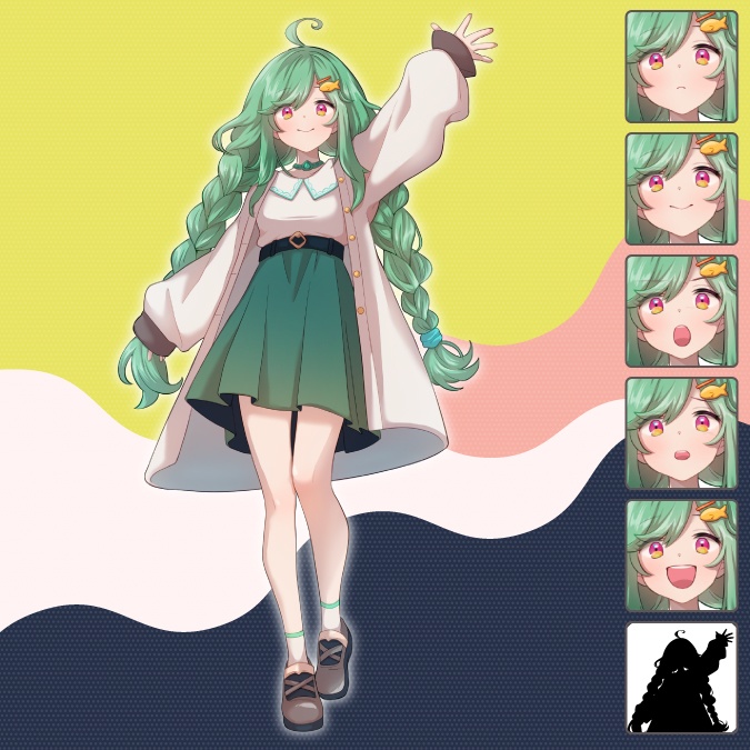 【無料立ち絵素材】明るく天真爛漫な雰囲気の緑髪の女の子のイラスト・現代・10代女性・中学生・高校生・全身表情5種+α