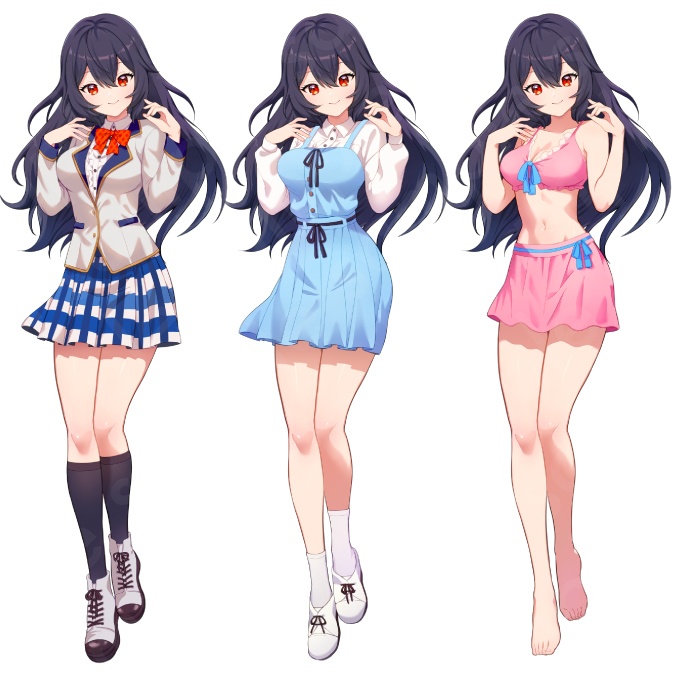 【立ち絵素材】藤宮 麗奈 - 優等生でリーダーシップのある黒髪女子高校生のイラスト・現代・10代・水着姿・私服姿・全身表情11種+α