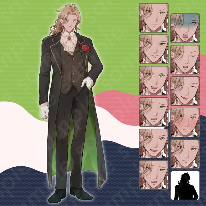 【立ち絵素材】麗しい雰囲気の金髪貴族風男性のイラスト・吸血鬼・悪役・ファンタジー系・全身表情11種+α