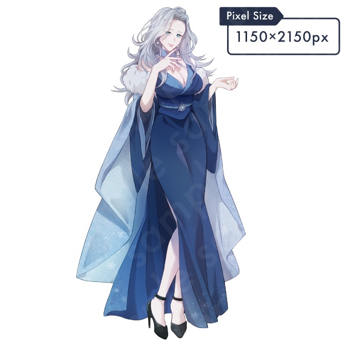 【立ち絵素材】儚く美しい雰囲気の銀髪雪女風女性のイラスト・悪役・女王・ファンタジー系・全身表情11種+α