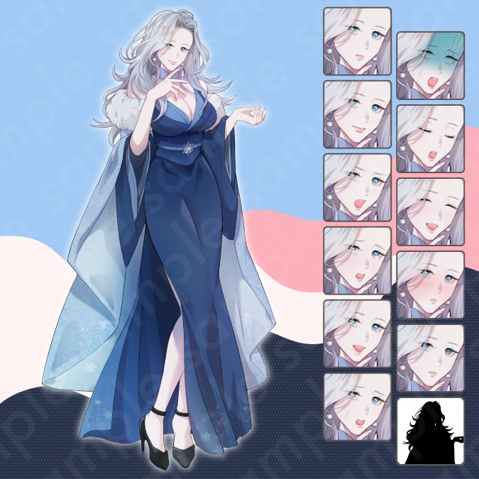 【立ち絵素材】儚く美しい雰囲気の銀髪雪女風女性のイラスト・悪役・女王・ファンタジー系・全身表情11種+α