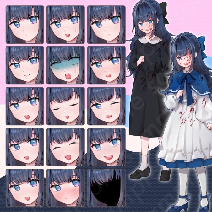 【立ち絵素材】儚げな雰囲気の青髪少女のイラスト・私服・制服・喪服・全身表情17種【PSD付きセット有】