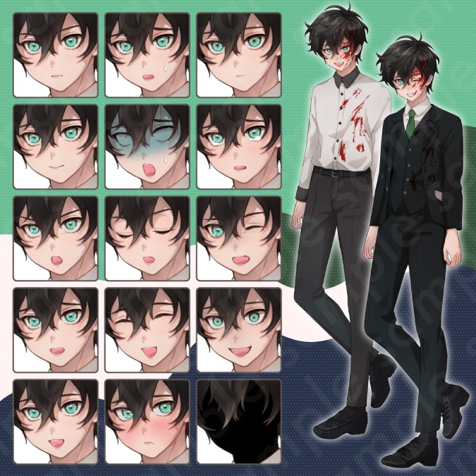 【立ち絵素材】怪しげで美しい雰囲気の黒髪男性のイラスト・10代・中学生・高校生/私服・制服・白シャツ・全身表情17種【PSD付きセット有】