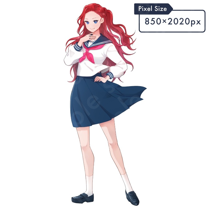 【立ち絵素材】強気で高飛車な雰囲気の赤髪セーラー服女子のイラスト・高校生・全身表情12種+α
