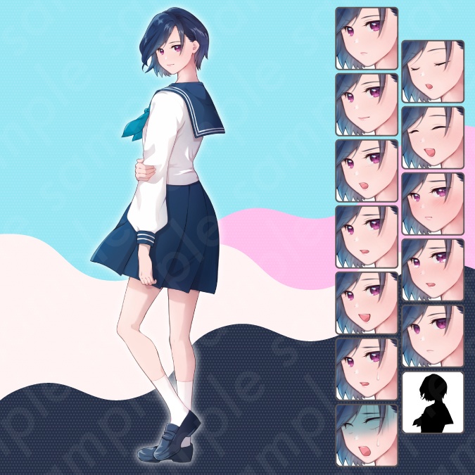 【立ち絵素材】クールで落ち着いた雰囲気の紺髪セーラー服女子のイラスト・高校生・全身表情12種+α