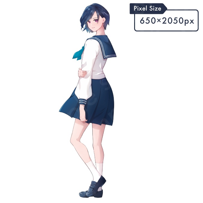 【立ち絵素材】クールで落ち着いた雰囲気の紺髪セーラー服女子のイラスト・高校生・全身表情12種+α