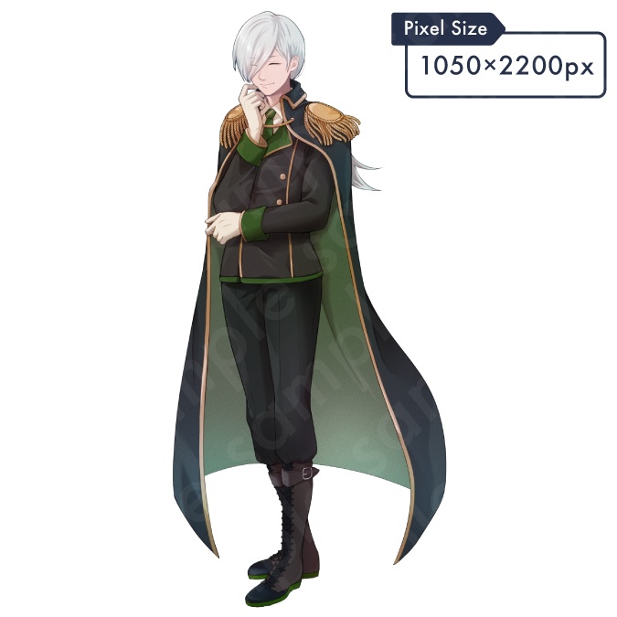 【立ち絵素材】知略的な雰囲気の銀髪軍服風男性のイラスト・糸目・ファンタジー系・全身表情18種+α