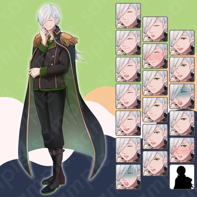 【立ち絵素材】知略的な雰囲気の銀髪軍服風男性のイラスト・糸目・ファンタジー系・全身表情18種+α