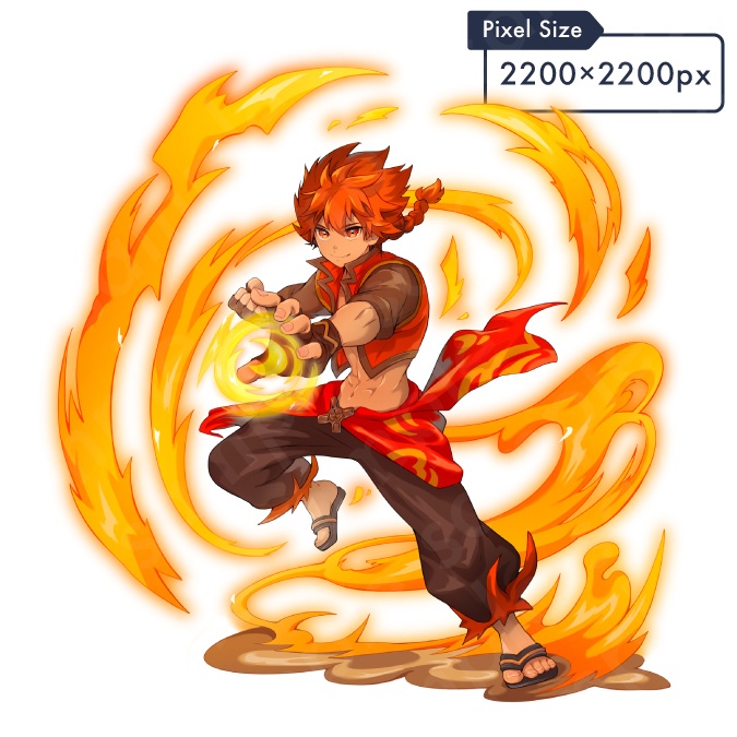 【立ち絵・カット絵素材】主人公格闘家風の赤髪男性のイラスト・ファンタジー・炎属性エフェクト・全身表情12種+α