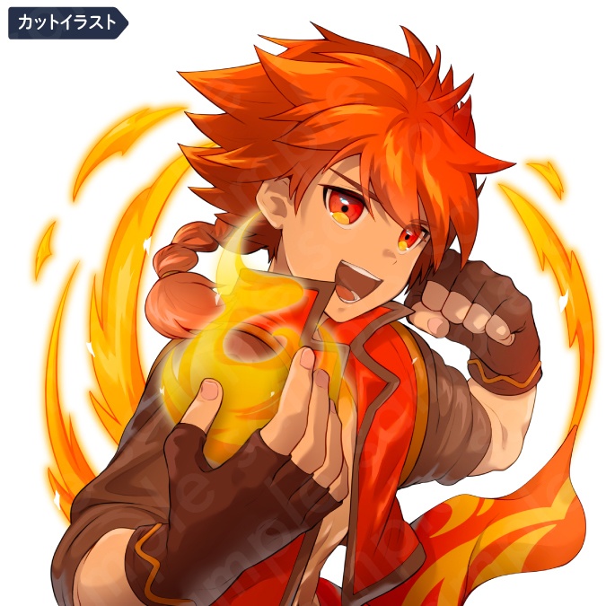 【立ち絵・カット絵素材】主人公格闘家風の赤髪男性のイラスト・ファンタジー・炎属性エフェクト・全身表情12種+α