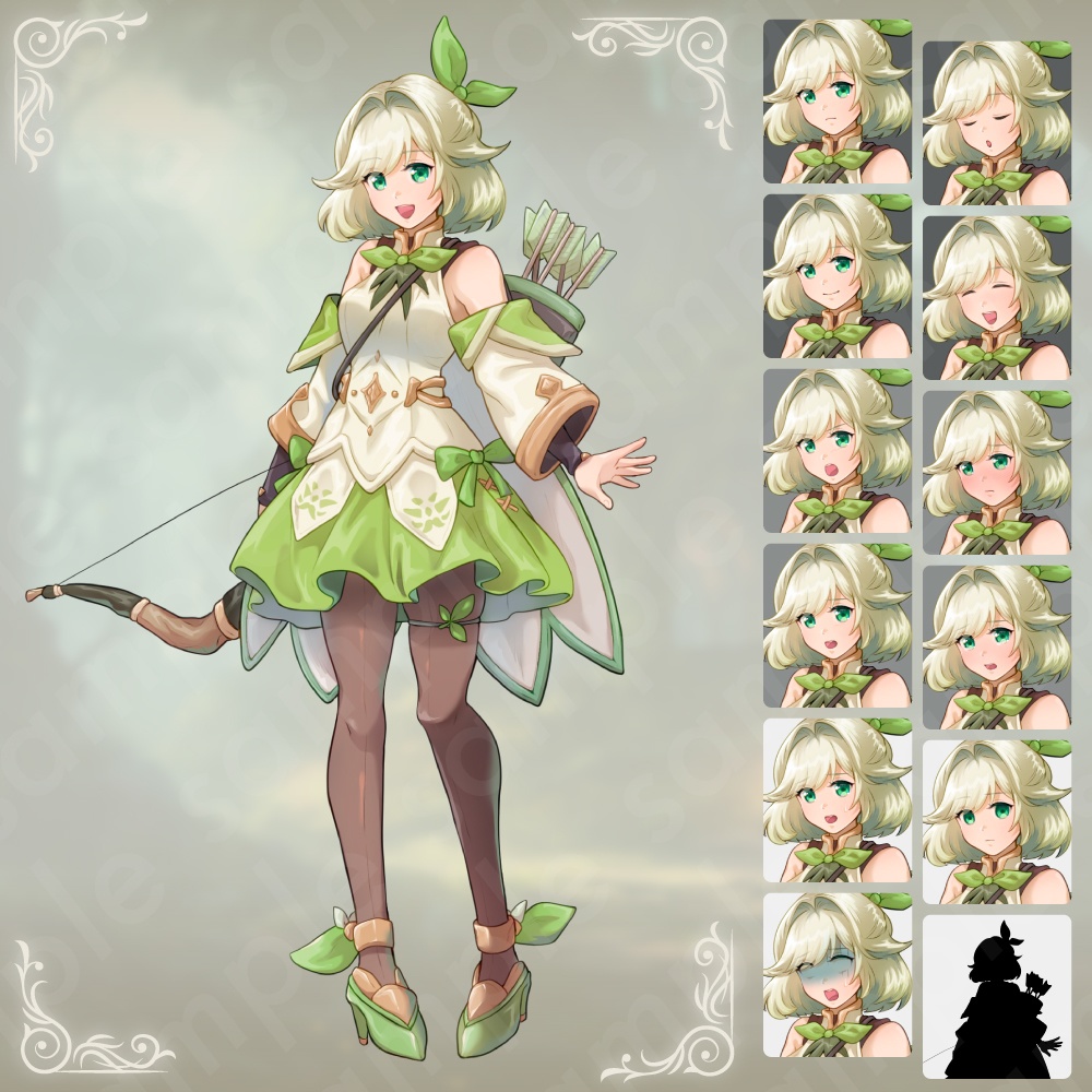 【立ち絵素材】森の民風の緑髪少女・弓使いスタイル・ヒロイン風・ファンタジー全身イラスト+表情12種+α