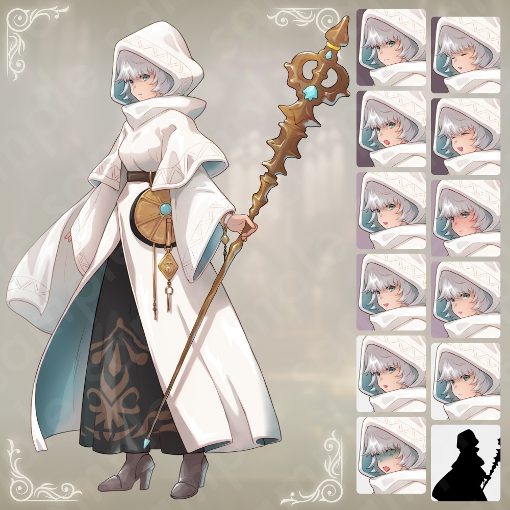 【立ち絵素材】白ローブの物静かな僧侶・癒し系回復役・ファンタジー全身+表情差分12種+α