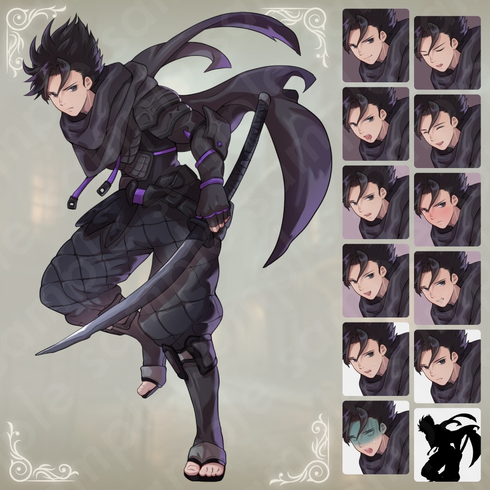 【立ち絵素材】黒装束のクールなアサシン・マスクバージョンあり・ファンタジー全身+表情12種+α