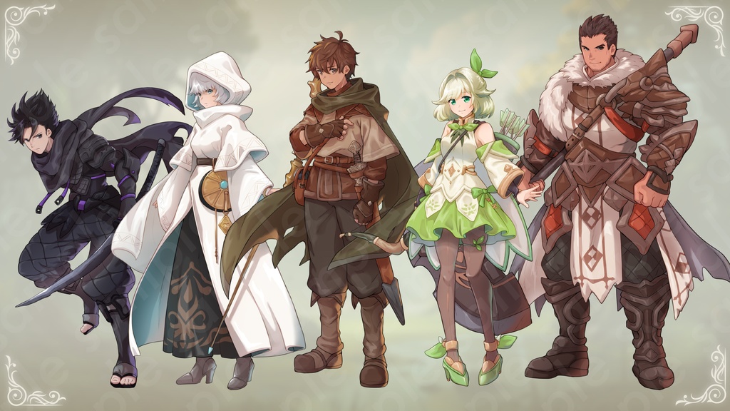 【ファンタジーキャラクターセット Vol.1 冒険者編】冒険者・弓使い・戦士・僧侶・アサシンの立ち絵素材5人セット・表情差分あり