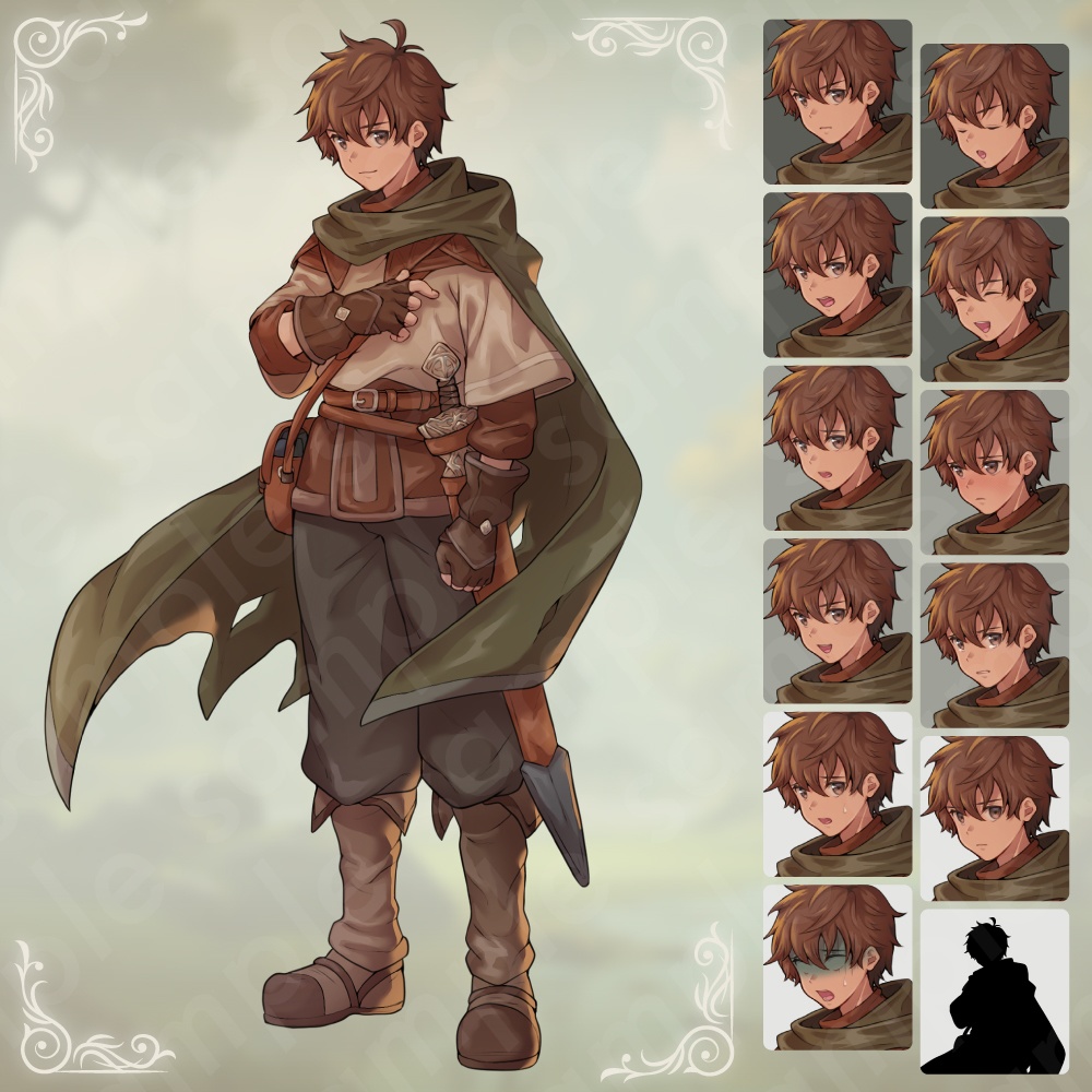 【ファンタジーキャラクターセット Vol.1 冒険者編】冒険者・弓使い・戦士・僧侶・アサシンの立ち絵素材5人セット・表情差分あり