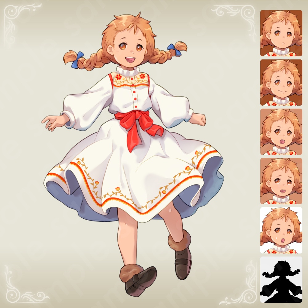 【立ち絵素材】民族風衣装の幼い村人少女モブキャラクター・茶色三つ編み・白ワンピース・表情6種+α