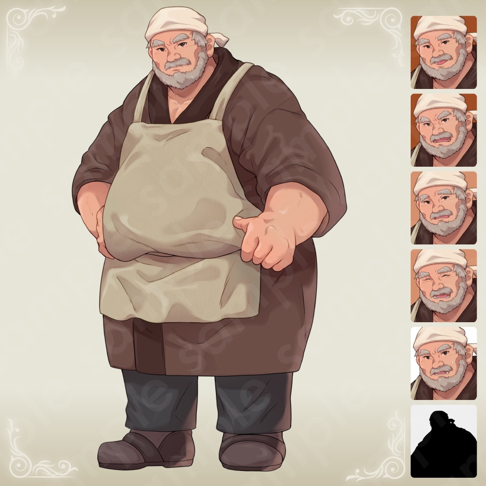 【立ち絵素材】村の店主キャラクター・白髪&白髭・大柄・エプロン姿・表情6種+α