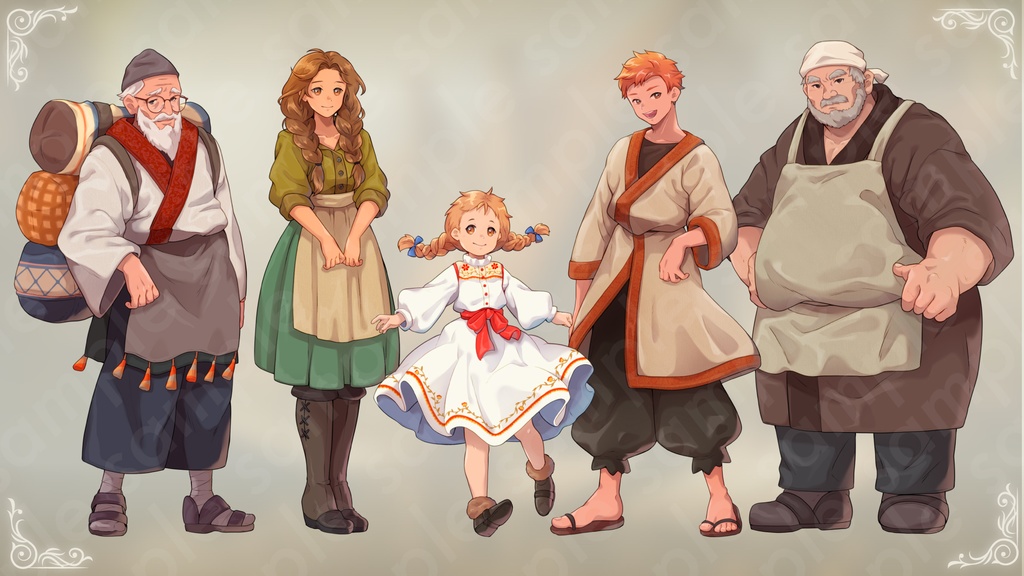 【ファンタジーモブキャラセット Vol.2 村の住人編】村人・商人・店主・子どもの立ち絵素材5人セット・表情差分あり