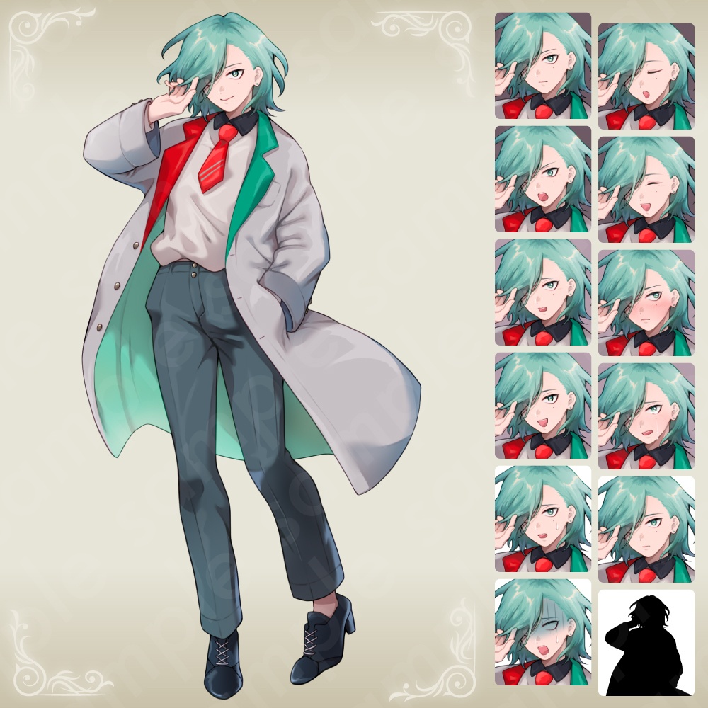 【立ち絵素材】ミステリアスなメカクレ中性キャラクター・白トレンチコート・青緑ショート・男性/女性・表情12種+α