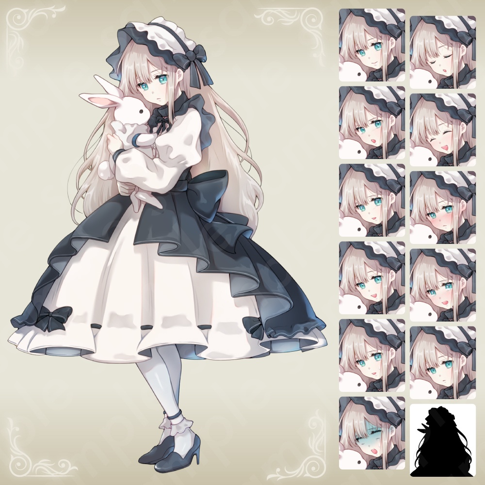 【立ち絵素材】儚げなゴスロリ少女キャラクター・銀髪・白ウサギのぬいぐるみ・表情12種+α