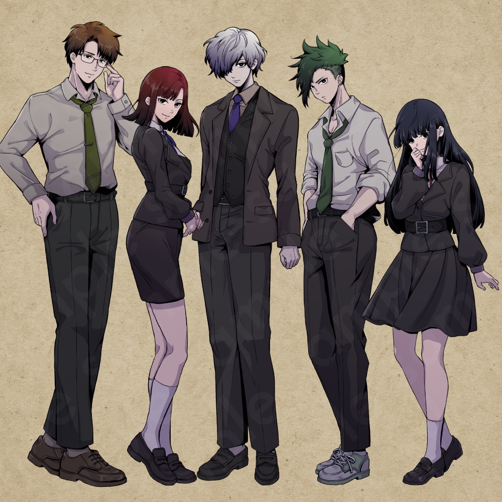 【ペン画立ち絵素材】学園ダークキャラクターVol.1|ミステリー・異能力・事件系に使える高校生&教師キャラ5体(表情差分あり)