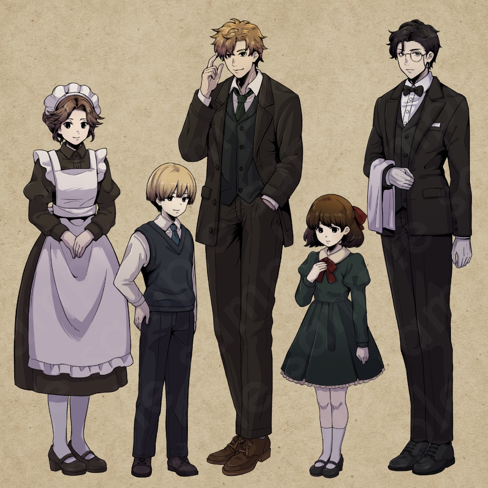 【ペン画立ち絵素材】洋館ミステリーキャラクターVol.2|メイド・執事・探偵・少年・少女キャラ5体(表情差分あり)