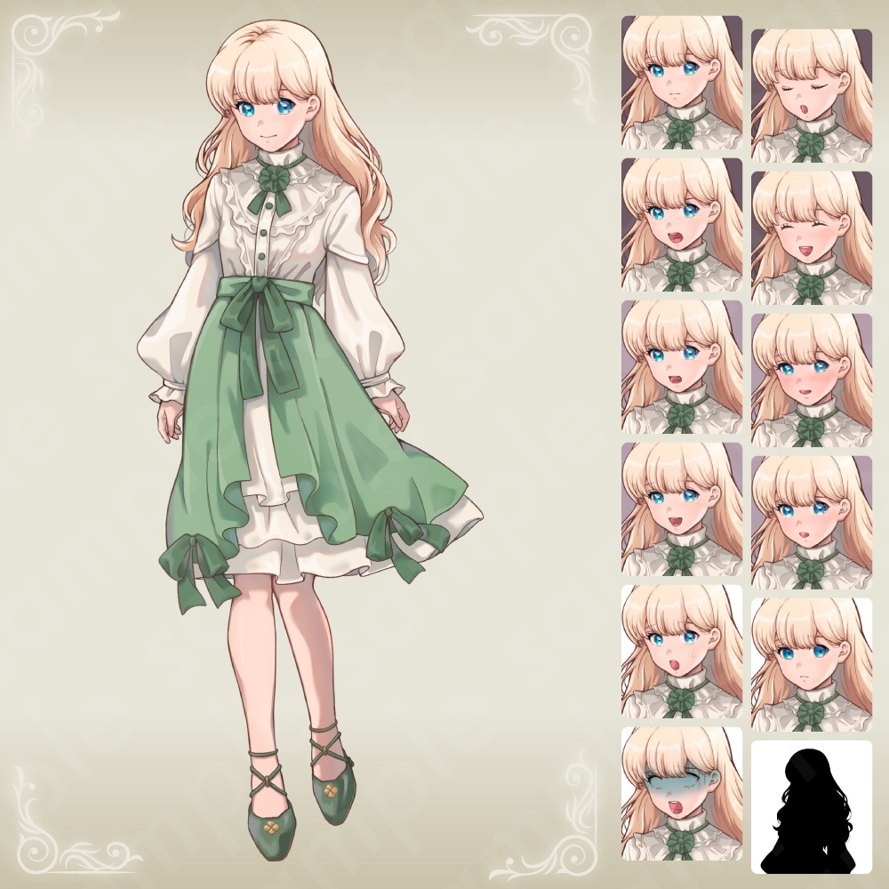 【立ち絵素材】お嬢様風の金髪ロング少女キャラクター・白と緑のワンピース・表情12種+α