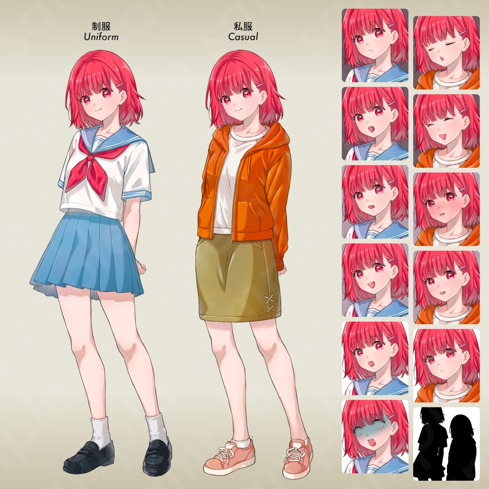 【立ち絵素材】明るく元気な赤髪中学生少女キャラクター・セーラー服&私服2種セット・表情12種+α