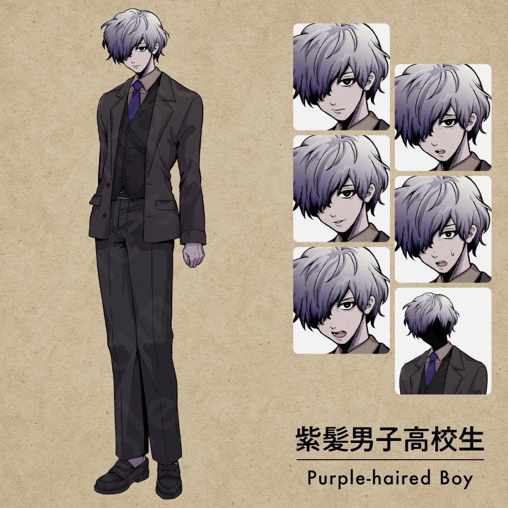 【ペン画立ち絵素材】ミステリアスな紫髪の男子高校生・ブレザー制服・右目隠れ・表情差分6種