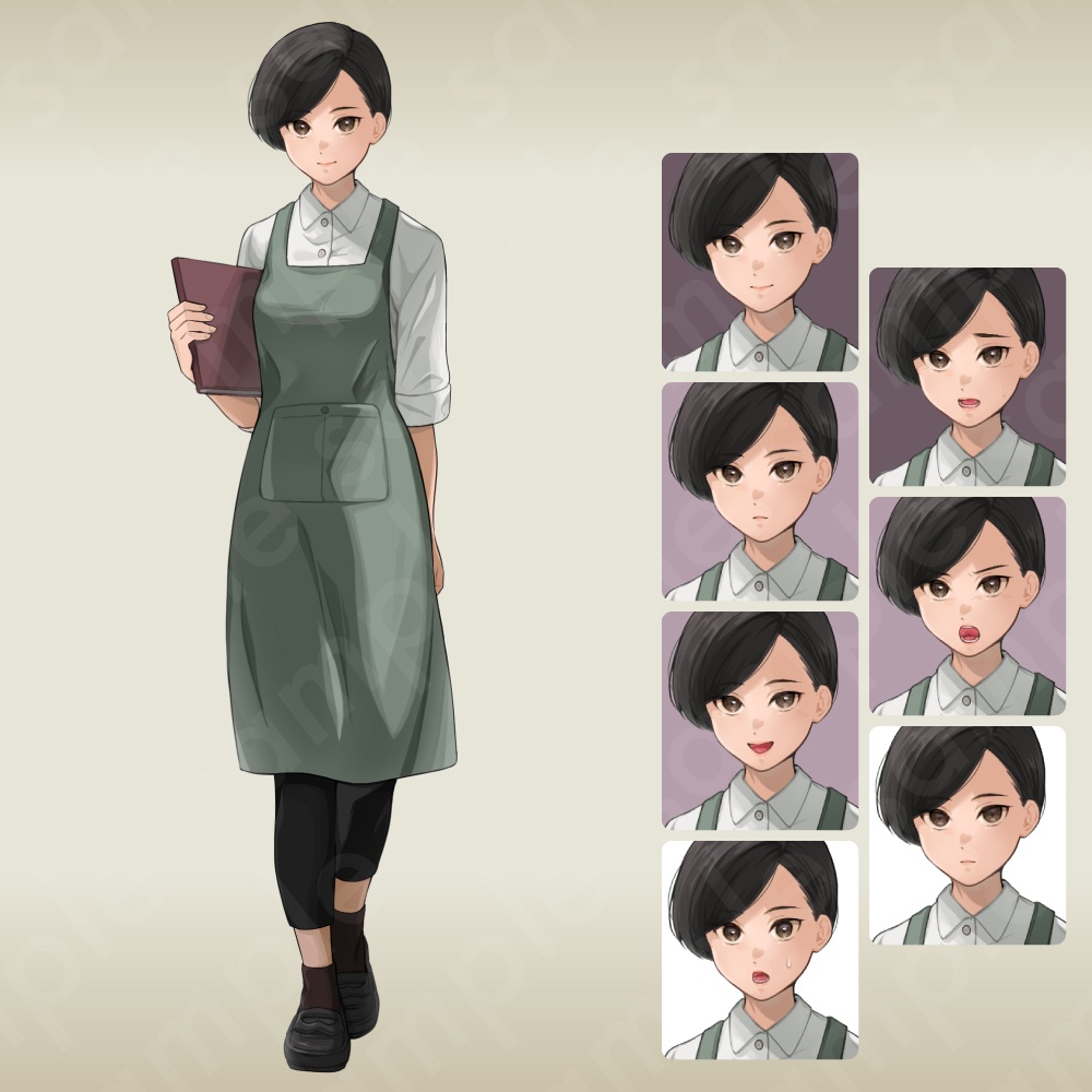 【立ち絵素材】冷静で落ち着いた黒髪女性キャラクター・緑エプロンのカフェ店員風デザイン・表情7種
